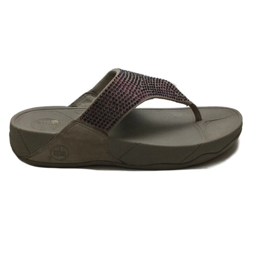FitFlop Rokkit Tan Suede Purple Rhinestone Jewelled Toe Post Sandals Size 10